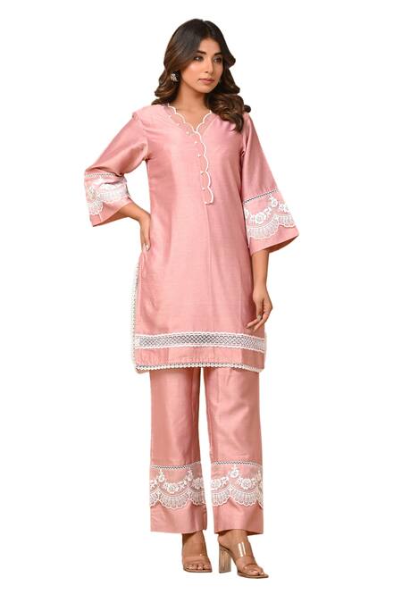Shop_Gulabik Jaipur_Peach Handloom Cotton, Chanderi Lace, Embroidery Embellished Kurta With Pant _Online_at_Aza_Fashions