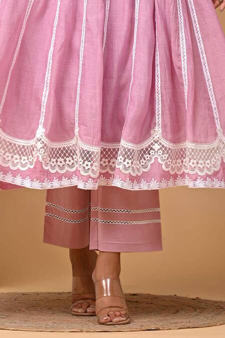 Gulabik Jaipur_Purple Handloom Cotton, Chanderi Lace Round Neck Kalidaar Anarkali And Pant Set_Online_at_Aza_Fashions