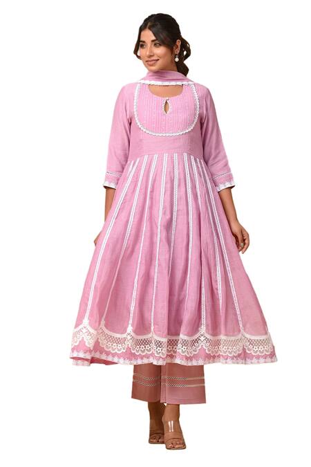 Buy_Gulabik Jaipur_Purple Handloom Cotton, Chanderi Lace Round Neck Kalidaar Anarkali And Pant Set_Online_at_Aza_Fashions