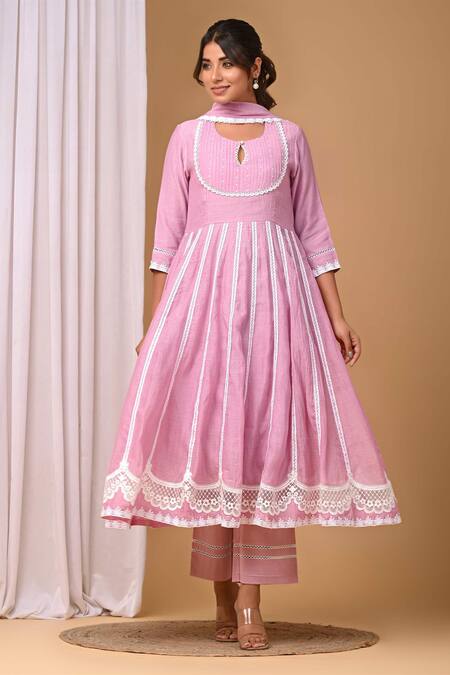 Shop_Gulabik Jaipur_Purple Handloom Cotton, Chanderi Lace Round Neck Kalidaar Anarkali And Pant Set_Online_at_Aza_Fashions