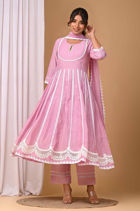 Gulabik Jaipur_Purple Handloom Cotton, Chanderi Lace Round Neck Kalidaar Anarkali And Pant Set_at_Aza_Fashions