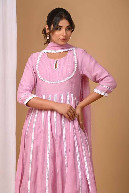 Buy_Gulabik Jaipur_Purple Handloom Cotton, Chanderi Lace Round Neck Kalidaar Anarkali And Pant Set