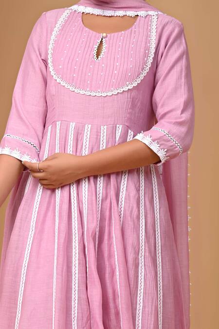 Shop_Gulabik Jaipur_Purple Handloom Cotton, Chanderi Lace Round Neck Kalidaar Anarkali And Pant Set