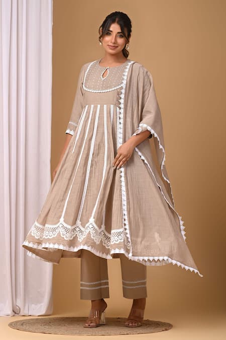 Gulabik Jaipur Beige Handloom Chanderi Embellishment Pintuck Pleat Yoke Anarkali And Pant Set 