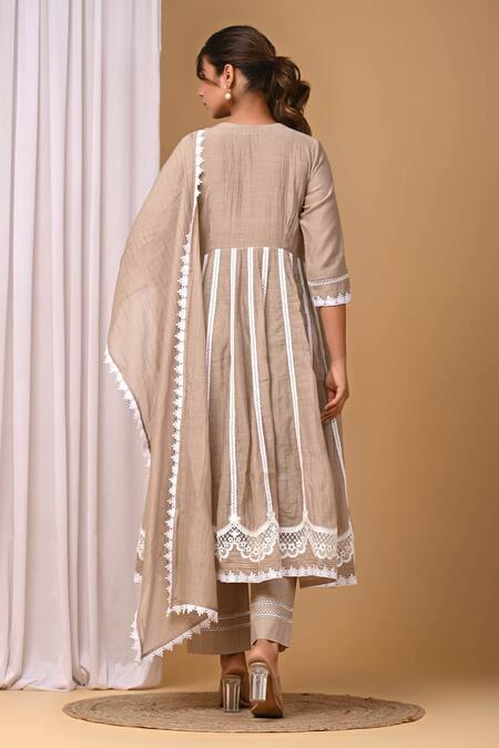 Shop Gulabik Jaipur Beige Handloom Cotton, Chanderi Lace Pintuck Pleat Yoke Anarkali And Pant Set at Aza Fashions Shop_Gulabik Jaipur_Beige Handloom Cotton, Chanderi Lace Pintuck Pleat Yoke Anarkali And Pant Set_at_Aza_Fashions