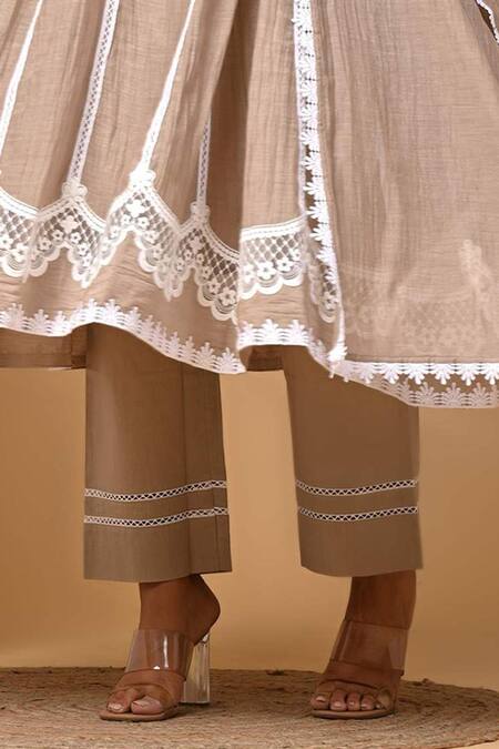 Gulabik Jaipur Beige Handloom Cotton, Chanderi Lace Pintuck Pleat Yoke Anarkali And Pant Set Online at Aza Fashions Gulabik Jaipur_Beige Handloom Cotton, Chanderi Lace Pintuck Pleat Yoke Anarkali And Pant Set_Online_at_Aza_Fashions