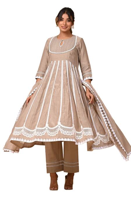 Buy Gulabik Jaipur Beige Handloom Cotton, Chanderi Lace Pintuck Pleat Yoke Anarkali And Pant Set Online at Aza Fashions Buy_Gulabik Jaipur_Beige Handloom Cotton, Chanderi Lace Pintuck Pleat Yoke Anarkali And Pant Set_Online_at_Aza_Fashions