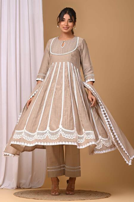 Shop Gulabik Jaipur Beige Handloom Cotton, Chanderi Lace Pintuck Pleat Yoke Anarkali And Pant Set Online at Aza Fashions Shop_Gulabik Jaipur_Beige Handloom Cotton, Chanderi Lace Pintuck Pleat Yoke Anarkali And Pant Set_Online_at_Aza_Fashions