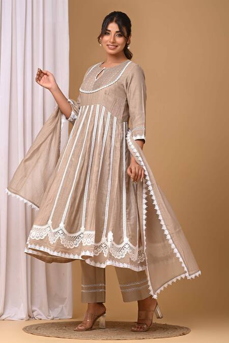Gulabik Jaipur Beige Handloom Cotton, Chanderi Lace Pintuck Pleat Yoke Anarkali And Pant Set at Aza Fashions Gulabik Jaipur_Beige Handloom Cotton, Chanderi Lace Pintuck Pleat Yoke Anarkali And Pant Set_at_Aza_Fashions