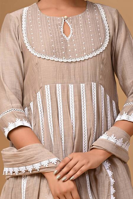Shop Gulabik Jaipur Beige Handloom Cotton, Chanderi Lace Pintuck Pleat Yoke Anarkali And Pant Set Shop_Gulabik Jaipur_Beige Handloom Cotton, Chanderi Lace Pintuck Pleat Yoke Anarkali And Pant Set