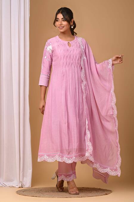 Buy_Gulabik Jaipur_Purple Chanderi Embroidery, Lace Round Neck Floral Kurta And Dupatta Set_Online_at_Aza_Fashions