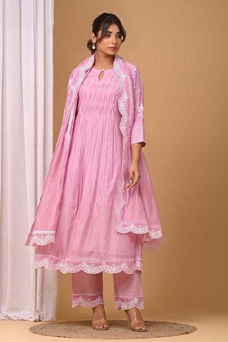 Shop_Gulabik Jaipur_Purple Chanderi Embroidery, Lace Round Neck Floral Kurta And Dupatta Set_Online_at_Aza_Fashions