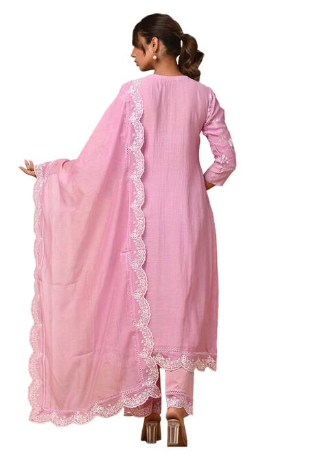 Buy_Gulabik Jaipur_Purple Chanderi Embroidery, Lace Round Neck Floral Kurta And Dupatta Set