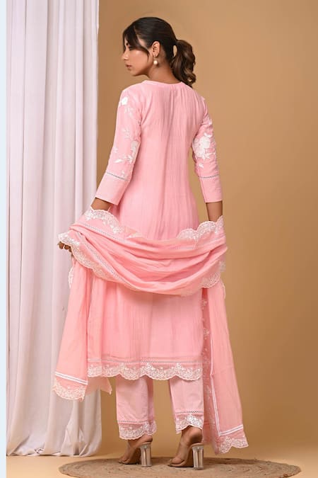 Shop Gulabik Jaipur Pink Chanderi Embroidery Round Neck Scallop Kurta And Pant Set at Aza Fashions Shop_Gulabik Jaipur_Pink Chanderi Embroidery Round Neck Scallop Kurta And Pant Set _at_Aza_Fashions