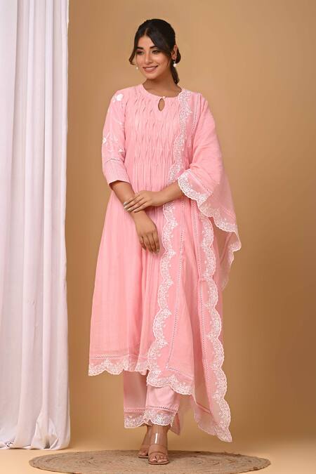 Gulabik Jaipur Pink Chanderi Embroidery Round Neck Scallop Kurta And Pant Set Online at Aza Fashions Gulabik Jaipur_Pink Chanderi Embroidery Round Neck Scallop Kurta And Pant Set _Online_at_Aza_Fashions