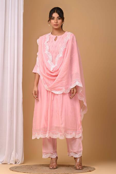 Buy Gulabik Jaipur Pink Chanderi Embroidery Round Neck Scallop Kurta And Pant Set Online at Aza Fashions Buy_Gulabik Jaipur_Pink Chanderi Embroidery Round Neck Scallop Kurta And Pant Set _Online_at_Aza_Fashions