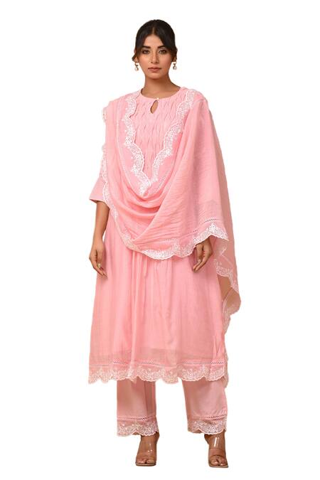 Shop Gulabik Jaipur Pink Chanderi Embroidery Round Neck Scallop Kurta And Pant Set Online at Aza Fashions Shop_Gulabik Jaipur_Pink Chanderi Embroidery Round Neck Scallop Kurta And Pant Set _Online_at_Aza_Fashions
