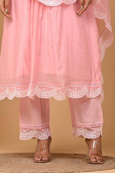 Gulabik Jaipur Pink Chanderi Embroidery Round Neck Scallop Kurta And Pant Set at Aza Fashions Gulabik Jaipur_Pink Chanderi Embroidery Round Neck Scallop Kurta And Pant Set _at_Aza_Fashions