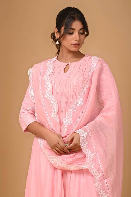 Buy Gulabik Jaipur Pink Chanderi Embroidery Round Neck Scallop Kurta And Pant Set Buy_Gulabik Jaipur_Pink Chanderi Embroidery Round Neck Scallop Kurta And Pant Set