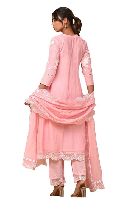 Shop Gulabik Jaipur Pink Chanderi Embroidery Round Neck Scallop Kurta And Pant Set Shop_Gulabik Jaipur_Pink Chanderi Embroidery Round Neck Scallop Kurta And Pant Set