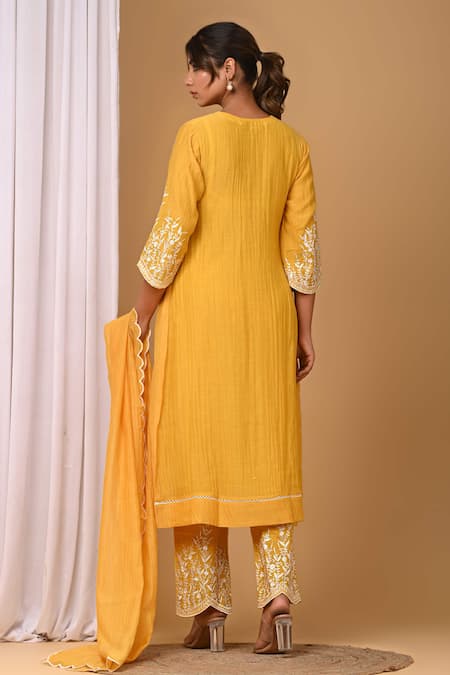 Shop_Gulabik Jaipur_Yellow Chanderi Embroidery Round Neck Handloom Kurta And Pant Set _at_Aza_Fashions