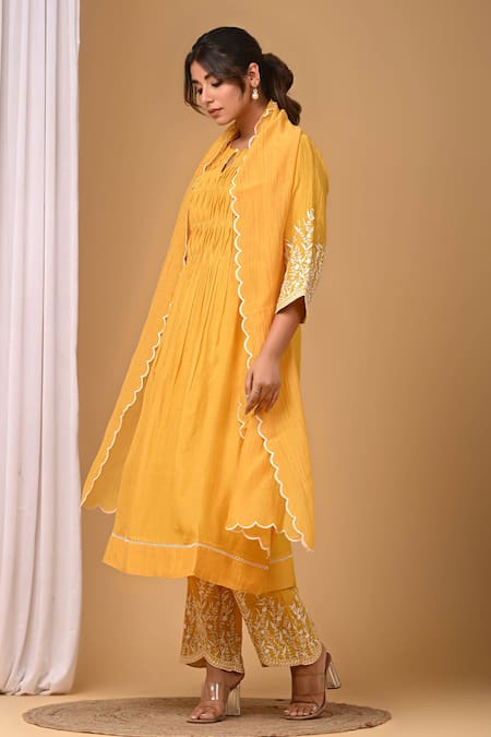 Shop_Gulabik Jaipur_Yellow Chanderi Embroidery Round Neck Handloom Kurta And Pant Set _Online_at_Aza_Fashions