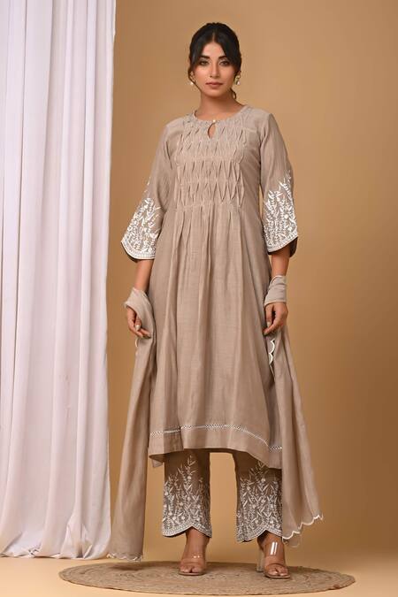 Gulabik Jaipur Beige Chanderi, Handloom Cotton Embroidery Round Neck Floral Kurta And Pant Set Online at Aza Fashions Gulabik Jaipur_Beige Chanderi, Handloom Cotton Embroidery Round Neck Floral Kurta And Pant Set _Online_at_Aza_Fashions