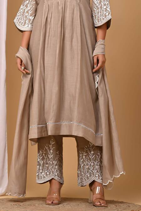 Buy Gulabik Jaipur Beige Chanderi, Handloom Cotton Embroidery Round Neck Floral Kurta And Pant Set Online at Aza Fashions Buy_Gulabik Jaipur_Beige Chanderi, Handloom Cotton Embroidery Round Neck Floral Kurta And Pant Set _Online_at_Aza_Fashions
