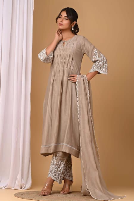 Shop Gulabik Jaipur Beige Chanderi, Handloom Cotton Embroidery Round Neck Floral Kurta And Pant Set Online at Aza Fashions Shop_Gulabik Jaipur_Beige Chanderi, Handloom Cotton Embroidery Round Neck Floral Kurta And Pant Set _Online_at_Aza_Fashions