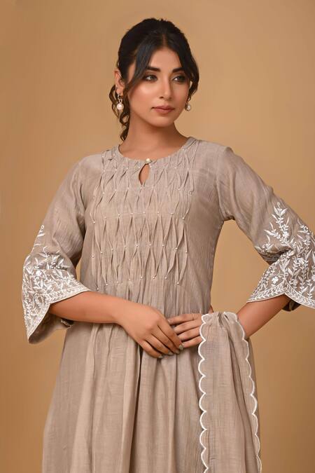 Gulabik Jaipur Beige Chanderi, Handloom Cotton Embroidery Round Neck Floral Kurta And Pant Set at Aza Fashions Gulabik Jaipur_Beige Chanderi, Handloom Cotton Embroidery Round Neck Floral Kurta And Pant Set _at_Aza_Fashions