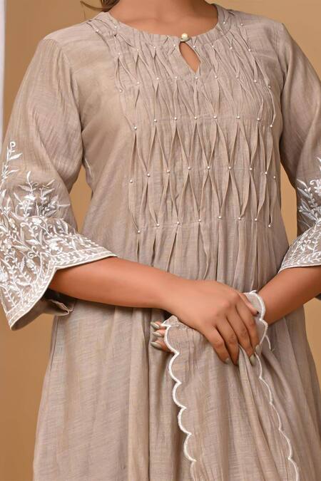 Buy Gulabik Jaipur Beige Chanderi, Handloom Cotton Embroidery Round Neck Floral Kurta And Pant Set Buy_Gulabik Jaipur_Beige Chanderi, Handloom Cotton Embroidery Round Neck Floral Kurta And Pant Set