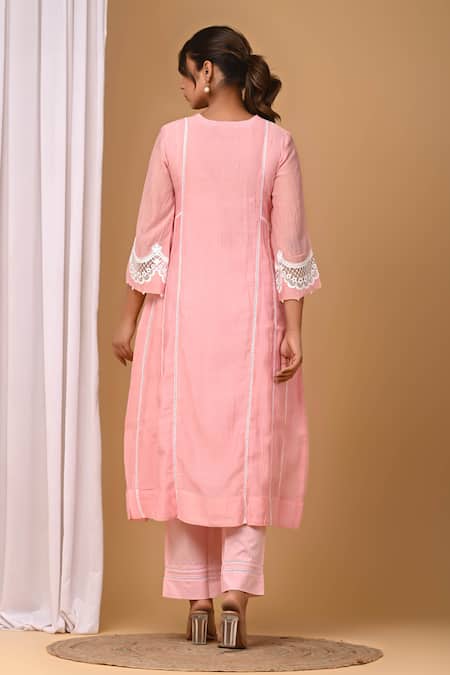 Shop_Gulabik Jaipur_Pink Chanderi Pearls, Lace Scoop Neck Embellished Kurta With Pant _at_Aza_Fashions