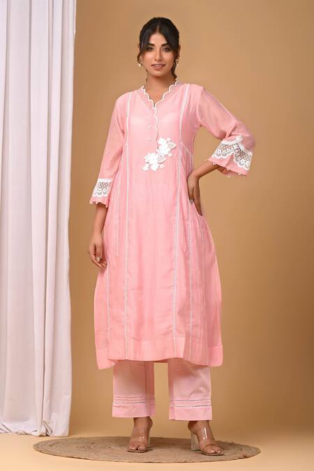 Gulabik Jaipur_Pink Chanderi Pearls, Lace Scoop Neck Embellished Kurta With Pant _Online_at_Aza_Fashions