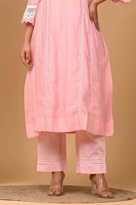 Buy_Gulabik Jaipur_Pink Chanderi Pearls, Lace Scoop Neck Embellished Kurta With Pant _Online_at_Aza_Fashions