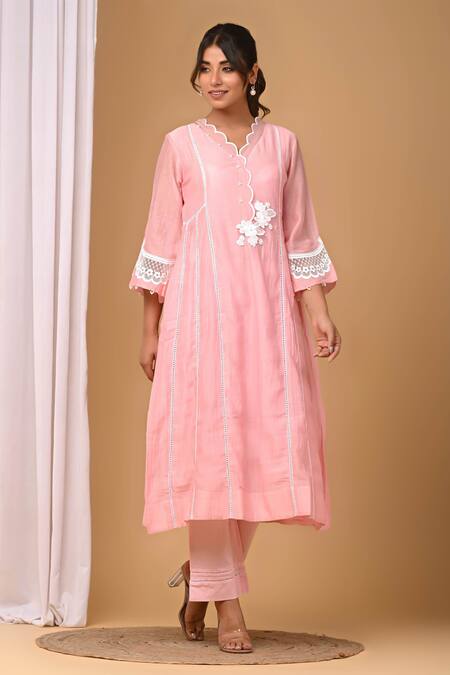 Shop_Gulabik Jaipur_Pink Chanderi Pearls, Lace Scoop Neck Embellished Kurta With Pant _Online_at_Aza_Fashions