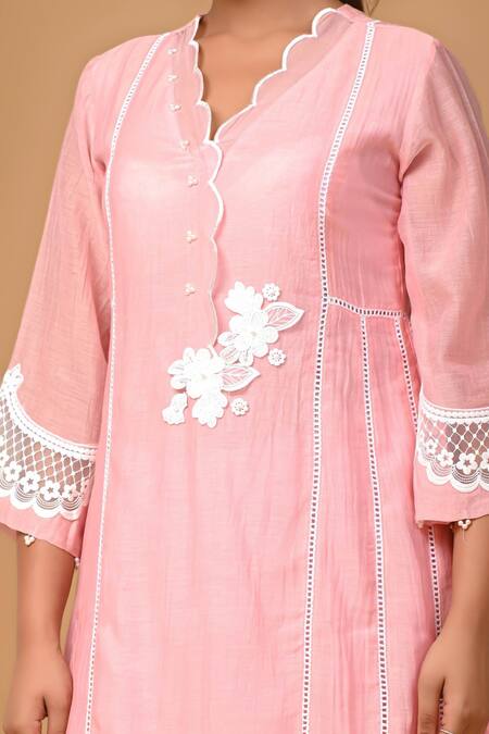 Gulabik Jaipur_Pink Chanderi Pearls, Lace Scoop Neck Embellished Kurta With Pant _at_Aza_Fashions