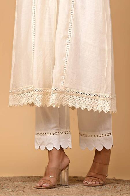 Shop_Gulabik Jaipur_Beige Handloom Cotton, Chanderi Lace V-neck Floral Cutwork Kurta With Pant _Online_at_Aza_Fashions