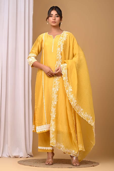 Gulabik Jaipur Chanderi Sunshine Embroidered Kurta& Pant Set 