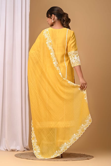 Shop Gulabik Jaipur Yellow Handloom Cotton, Chanderi Lace, Embroidery Sunshine Kurtaand Pant Set at Aza Fashions Shop_Gulabik Jaipur_Yellow Handloom Cotton, Chanderi Lace, Embroidery Sunshine Kurtaand Pant Set _at_Aza_Fashions