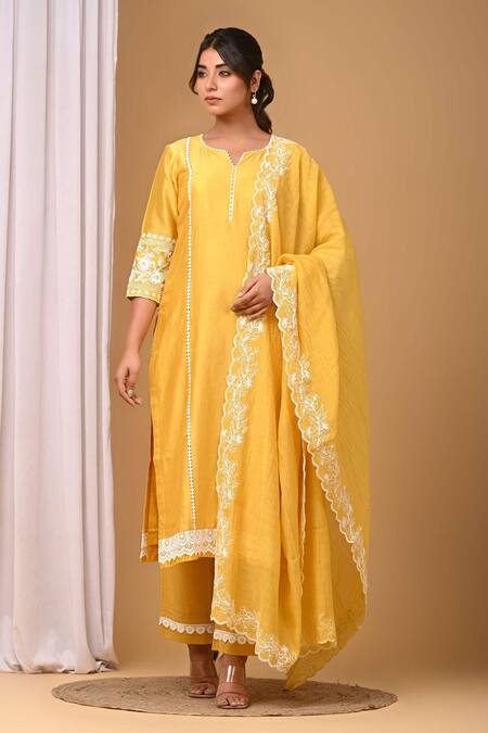 Gulabik Jaipur Yellow Handloom Cotton, Chanderi Lace, Embroidery Sunshine Kurtaand Pant Set Online at Aza Fashions Gulabik Jaipur_Yellow Handloom Cotton, Chanderi Lace, Embroidery Sunshine Kurtaand Pant Set _Online_at_Aza_Fashions