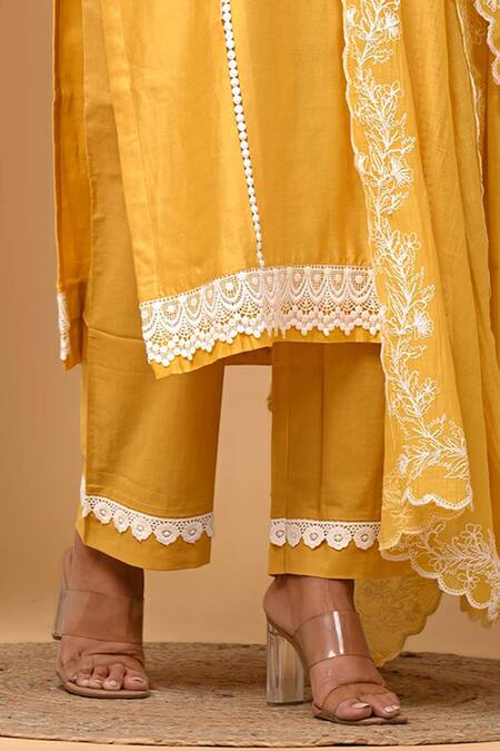 Buy Gulabik Jaipur Yellow Handloom Cotton, Chanderi Lace, Embroidery Sunshine Kurtaand Pant Set Online at Aza Fashions Buy_Gulabik Jaipur_Yellow Handloom Cotton, Chanderi Lace, Embroidery Sunshine Kurtaand Pant Set _Online_at_Aza_Fashions