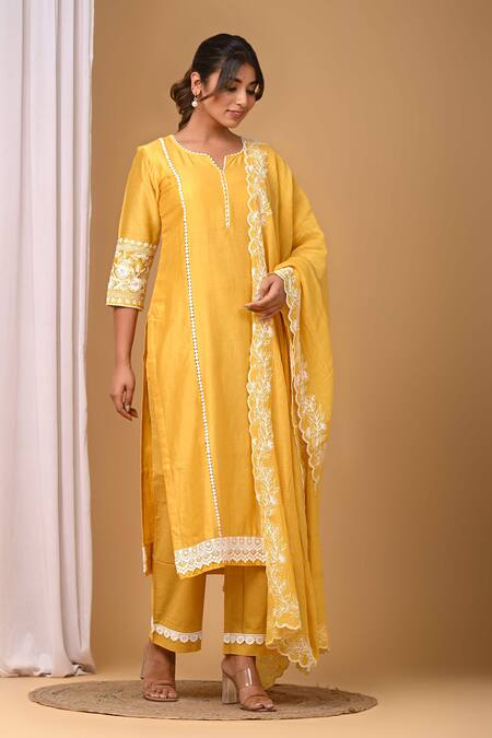 Shop Gulabik Jaipur Yellow Handloom Cotton, Chanderi Lace, Embroidery Sunshine Kurtaand Pant Set Online at Aza Fashions Shop_Gulabik Jaipur_Yellow Handloom Cotton, Chanderi Lace, Embroidery Sunshine Kurtaand Pant Set _Online_at_Aza_Fashions