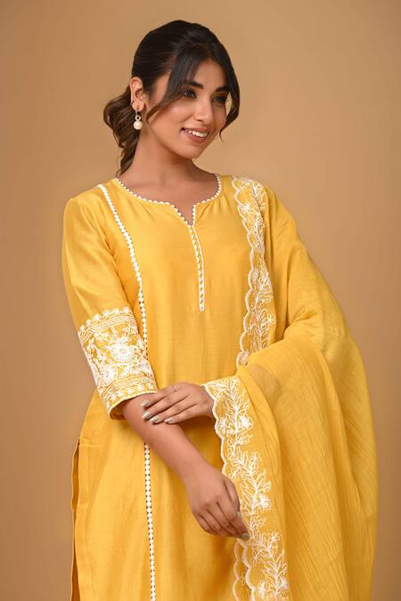Gulabik Jaipur Yellow Handloom Cotton, Chanderi Lace, Embroidery Sunshine Kurtaand Pant Set at Aza Fashions Gulabik Jaipur_Yellow Handloom Cotton, Chanderi Lace, Embroidery Sunshine Kurtaand Pant Set _at_Aza_Fashions