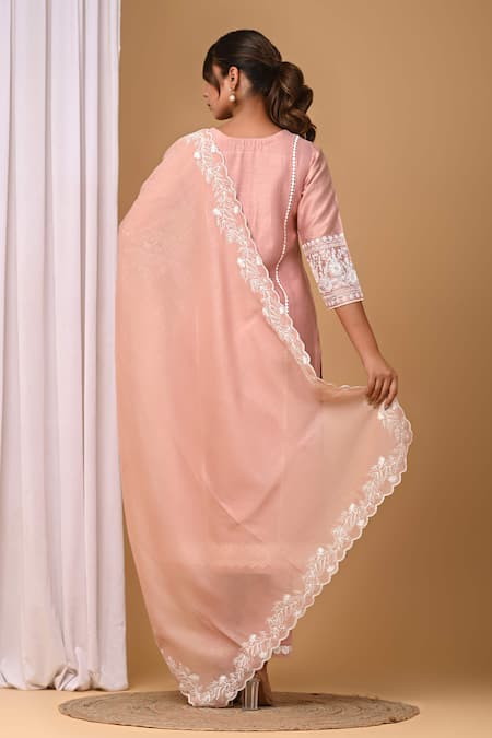 Shop_Gulabik Jaipur_Peach Chanderi, Handloom Cotton Lace, Embroidery Split Scallop Kurta And Pant Set _at_Aza_Fashions