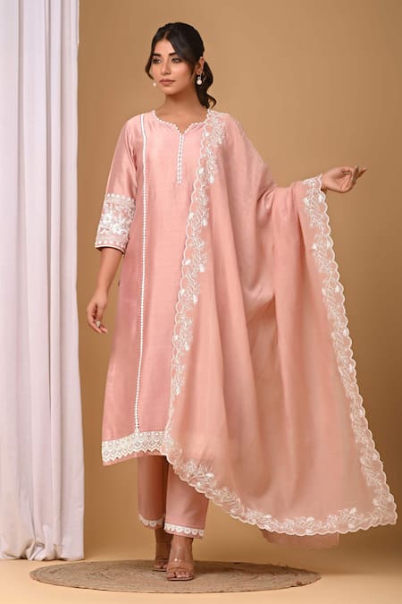 Buy_Gulabik Jaipur_Peach Chanderi, Handloom Cotton Lace, Embroidery Split Scallop Kurta And Pant Set _Online_at_Aza_Fashions