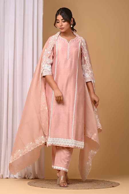 Shop_Gulabik Jaipur_Peach Chanderi, Handloom Cotton Lace, Embroidery Split Scallop Kurta And Pant Set _Online_at_Aza_Fashions