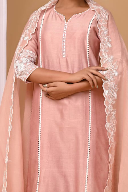 Gulabik Jaipur_Peach Chanderi, Handloom Cotton Lace, Embroidery Split Scallop Kurta And Pant Set _at_Aza_Fashions