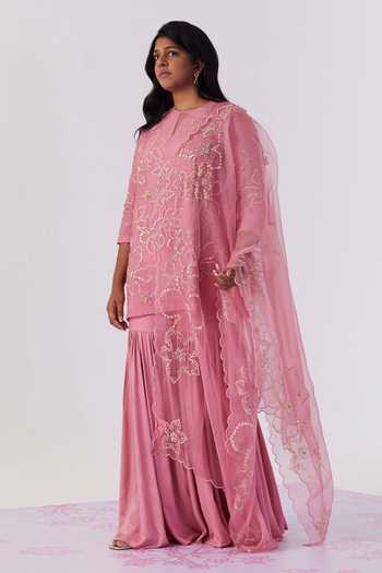 Buy One Not Two Pink Viscose, Silk, Modal, Satin Floral Embroidered Flared Kurta With Sharara at Aza Fashions Buy_One Not Two_Pink Viscose, Silk, Modal, Satin Floral Embroidered Flared Kurta With Sharara _at_Aza_Fashions