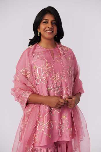Shop One Not Two Pink Viscose, Silk, Modal, Satin Floral Embroidered Flared Kurta With Sharara at Aza Fashions Shop_One Not Two_Pink Viscose, Silk, Modal, Satin Floral Embroidered Flared Kurta With Sharara _at_Aza_Fashions