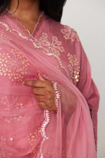 One Not Two Pink Viscose, Silk, Modal, Satin Floral Embroidered Flared Kurta With Sharara Online at Aza Fashions One Not Two_Pink Viscose, Silk, Modal, Satin Floral Embroidered Flared Kurta With Sharara _Online_at_Aza_Fashions